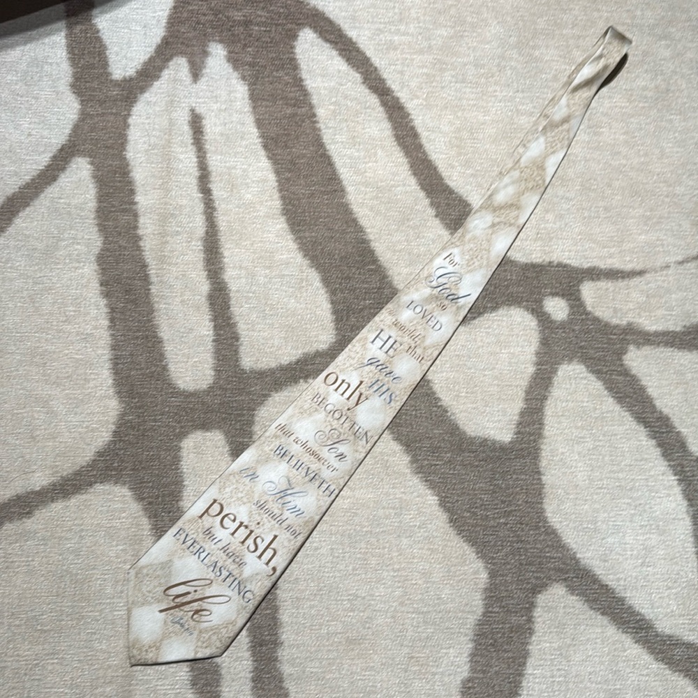 2000s Religious Beige Tie 59” Length John 3:16 Quote 100% Silk, Pastors Estate